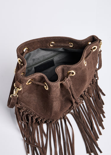 Sac forme seau en cuir daim et à franges Marron
