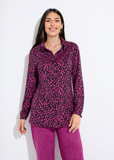 Chemisier maille chaude imprimé peau de bête Noir/Fuchsia