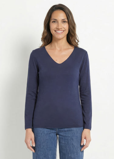 Pull fin avec angora et laine, col V Marine