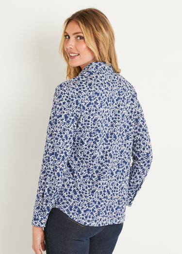 Chemisier droit coton fleuri boutonné Bleu