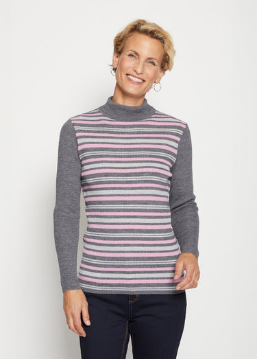 Pull col montant avec laine mérinos Rayé Gris/Rose