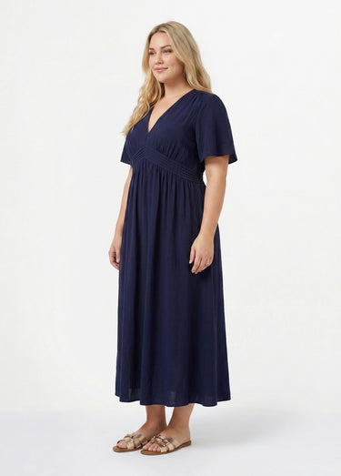 Robe longue taille haute plissée, col V Marine