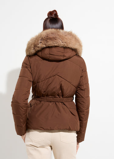 Doudoune courte ceinturée capuche fourrure Marron