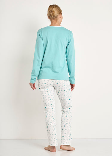 Pyjama pantalon manches longues coton Aqua/Ivoire