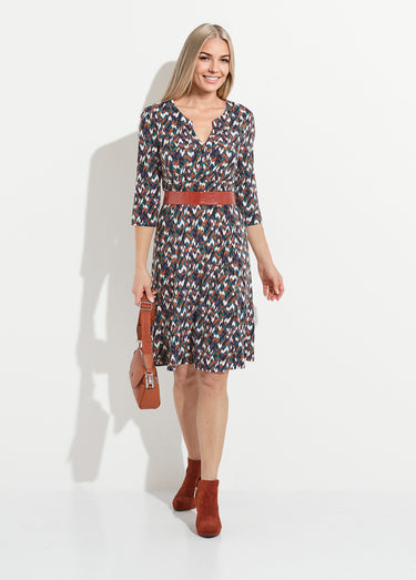 Robe courte évasée manches 3/4 imprimé graphique Marine/Vert