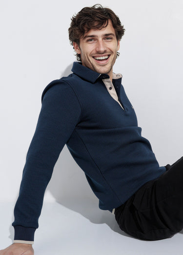 Pull maille fantaisie, col polo boutonné Bleu Marine