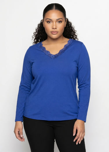 T-shirt court dentelle col V manches longues Bleu Dur