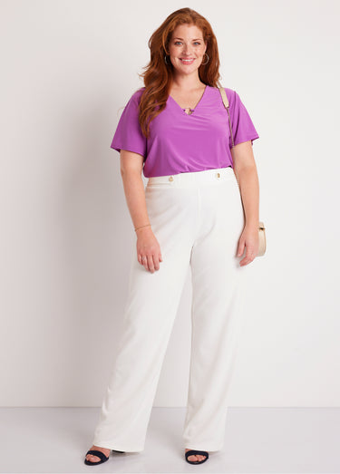 Pantalon large uni taille semi élastiquée Blanc