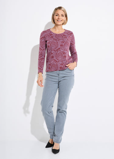 T-shirt jacquard fleuri col rond Bordeaux/Rose