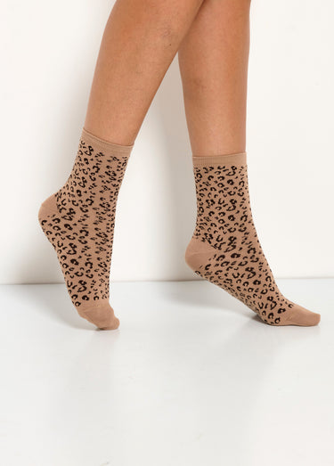 Mi-chaussettes bord cotes, motif léopard Beige Lot3