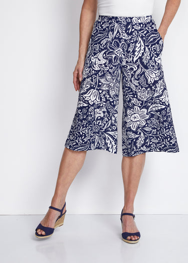 Jupe-culotte taille élastiquée tissu gaufré Bleu / Blanc