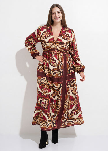 Robe longue col V inspiration ethnique Ecru/Bordeaux