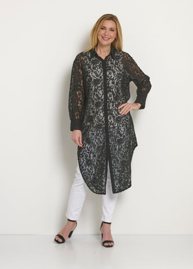 Robe chemisier longue en dentelle Noir