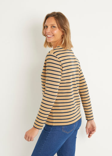 T-shirt marinière court coton manches longues Camel/Marine
