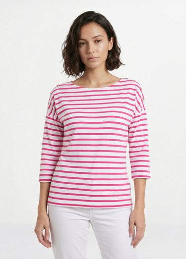 T-shirt marinière rayé manches 3/4 Blanc/Fuchsia