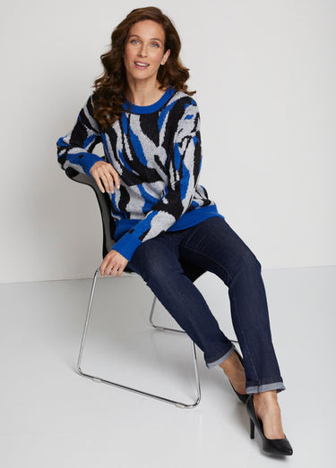 Pull doux jacquard maille poilue Bleu/Noir