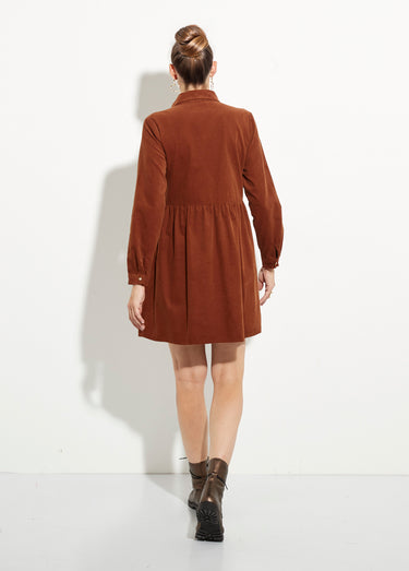 Robe chemisier en velours taille plissée Marron