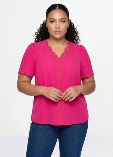 Tunique longue brodée manches courtes unie Fuchsia
