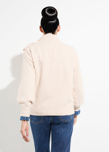 Pull col montant boutons bijou métal Beige