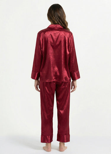 Pyjama long satin avec coeurs imprimés Bordeaux