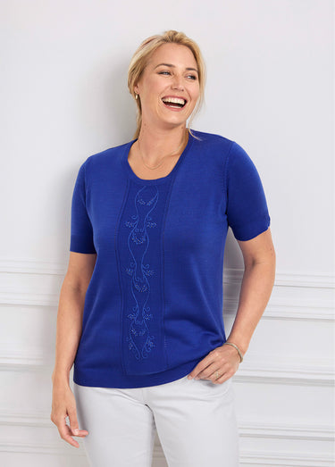Pull manches courtes fantaisie brodée Bleu Cobalt