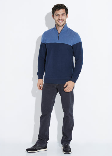 Pull bicolore doux, col montant 1/2 zip Bleu