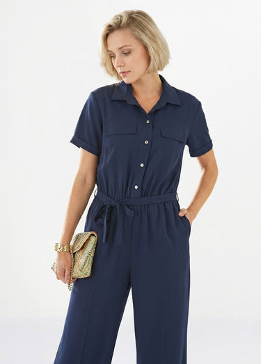 Combinaison-pantalon boutonnée taille élastiquée Marine