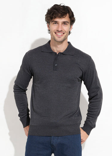 Pull maille fine avec laine et col polo Gris Fonce