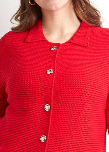 Gilet boutonné uni avec col manches longues Rouge