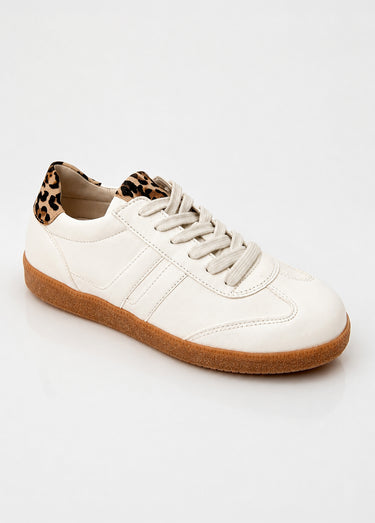 Baskets cuir à lacets, détails léopard Blanc