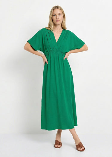 Robe longue col V plissé devant et dos Vert