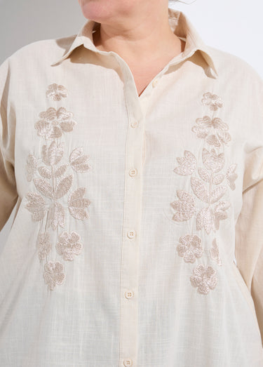 Chemiser boutonné avec broderies fleurs Ecru/Beige