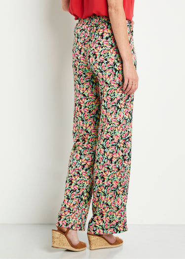 Pantalon taille semi-élastiquée satin fleuri Vert/Rose
