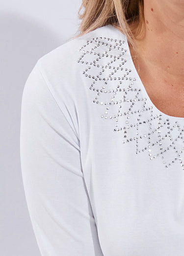 T-shirt fantaisie cloutée manches 3/4 Blanc