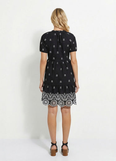 Robe courte ample coton brodé Noir / Blanc
