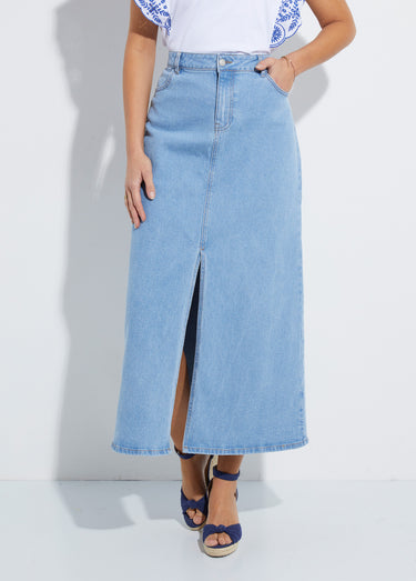 Jupe droite longue en jean 4 poches Bleached