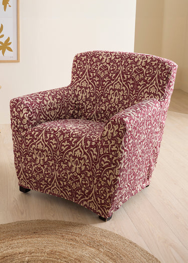 Housse extensible canapé motif jacquard Bordeaux/Beige