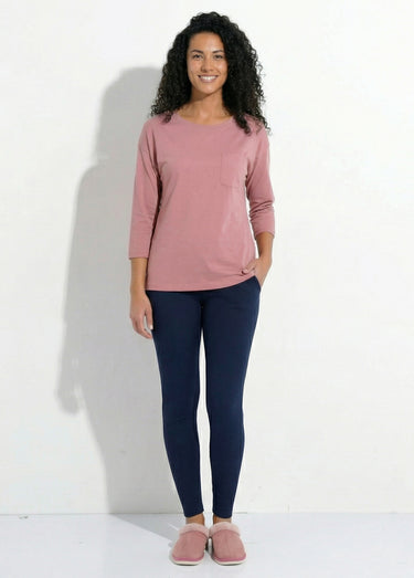 T-shirt coton uni col rond manches 3/4 Rose