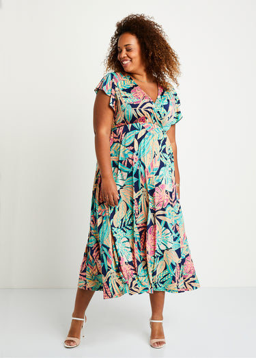 Robe cache-coeur longue feuillage Vert/Rose
