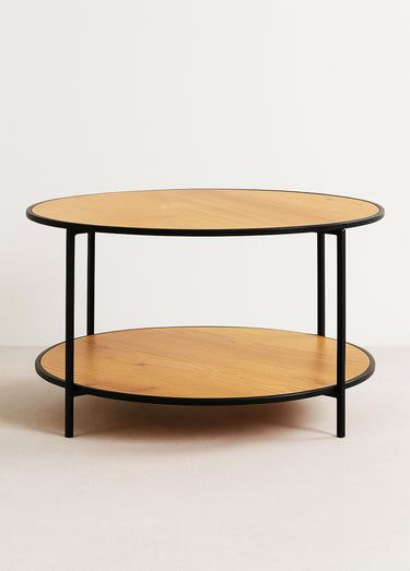 Table basse métal 2 niveaux, effet chêne Naturel