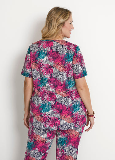 Tunique ample mi-longue en tissu crêpe Vert/Fuchsia