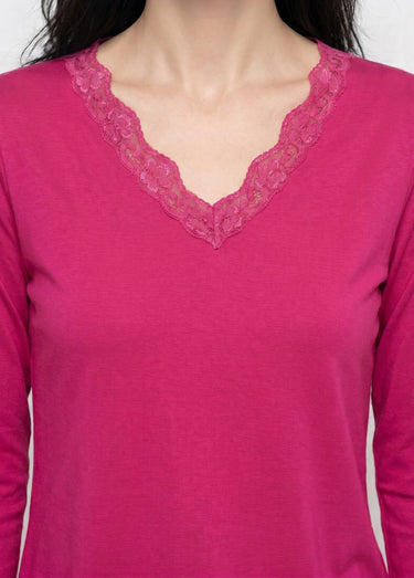 T-shirt court dentelle col V manches longues Fuchsia