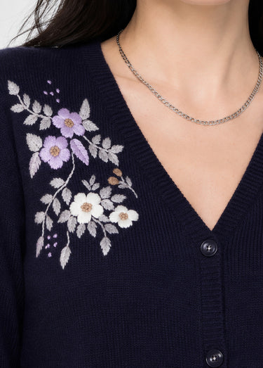 Gilet doux uni col V boutonné court brodé Marine