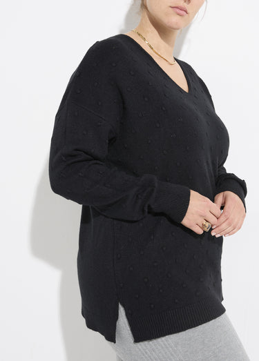 Pull col V maille fantaisie à pois Noir