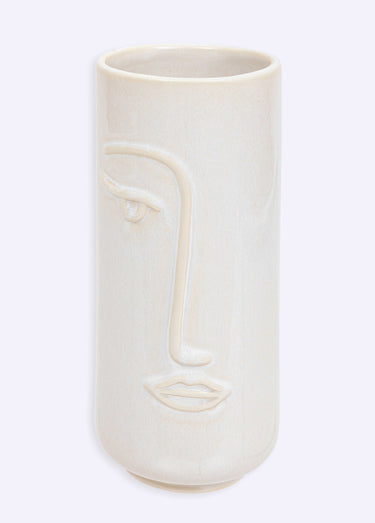Vase forme tube avec visage stylisé Blanc