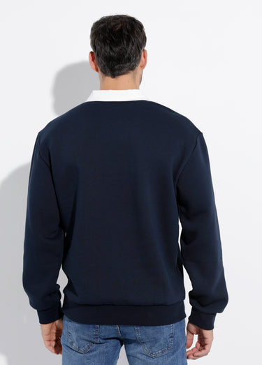 Sweat shirt avec col polo contrasté Marine