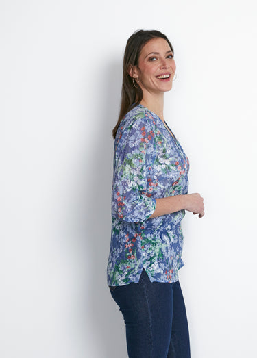 Tunique ample manches 3/4 fleurie Fond Bleu