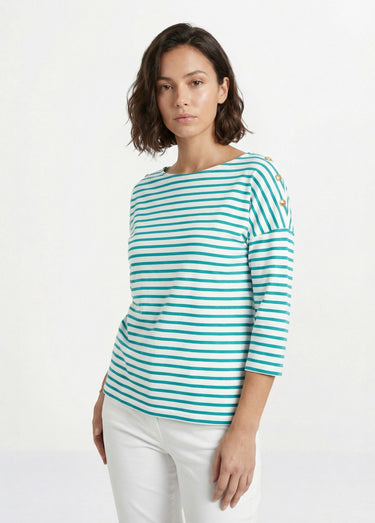 T-shirt marinière rayé manches 3/4 Blanc/Aqua