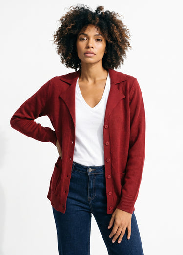 Gilet boutonné mi long col tailleur Bordeaux