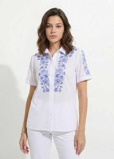 Chemisier long coton brodé manches courtes Blanc/bleu dur